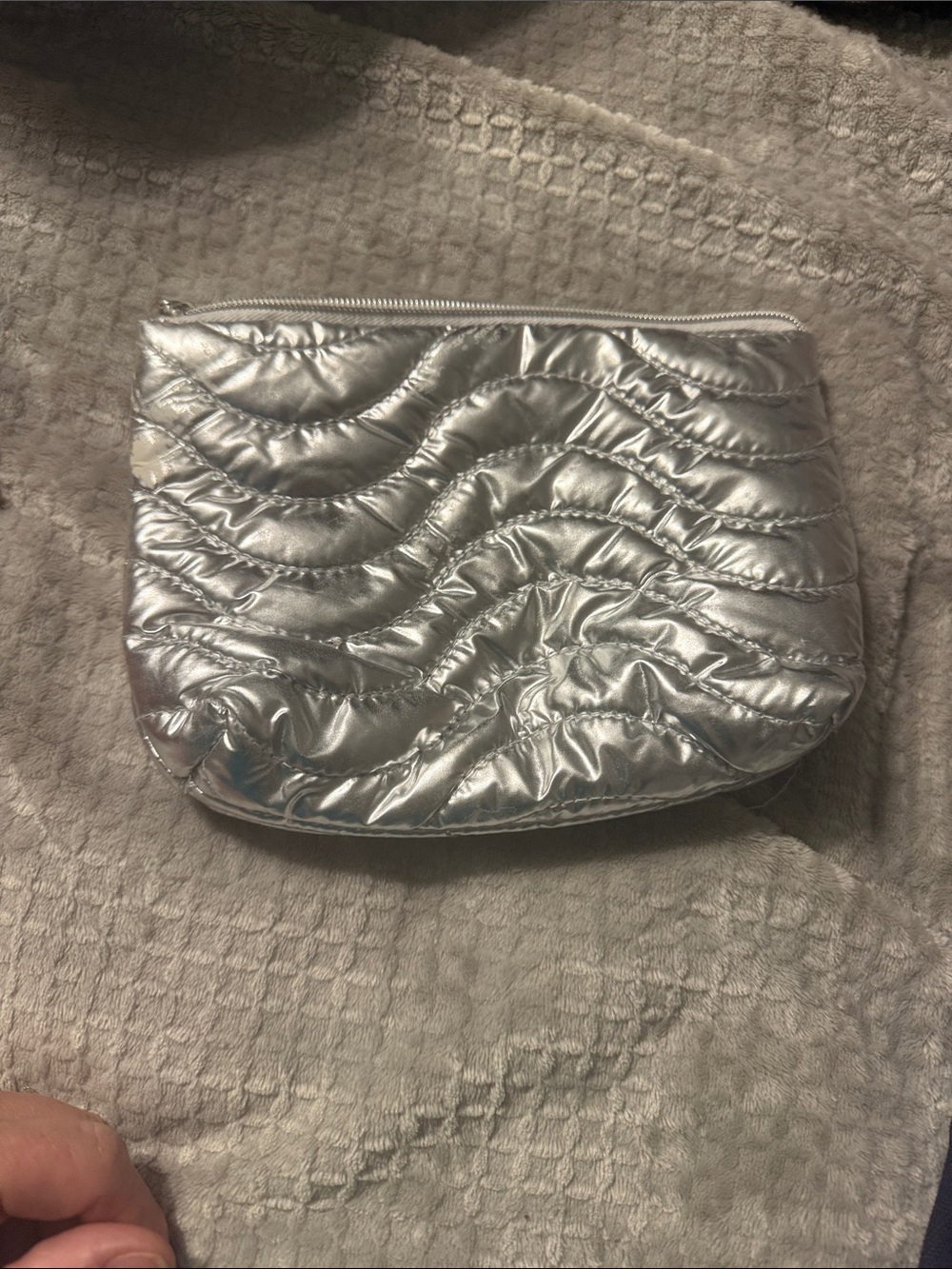 Shiny Quilted Silver Cosmetic Pouch with Top Zip